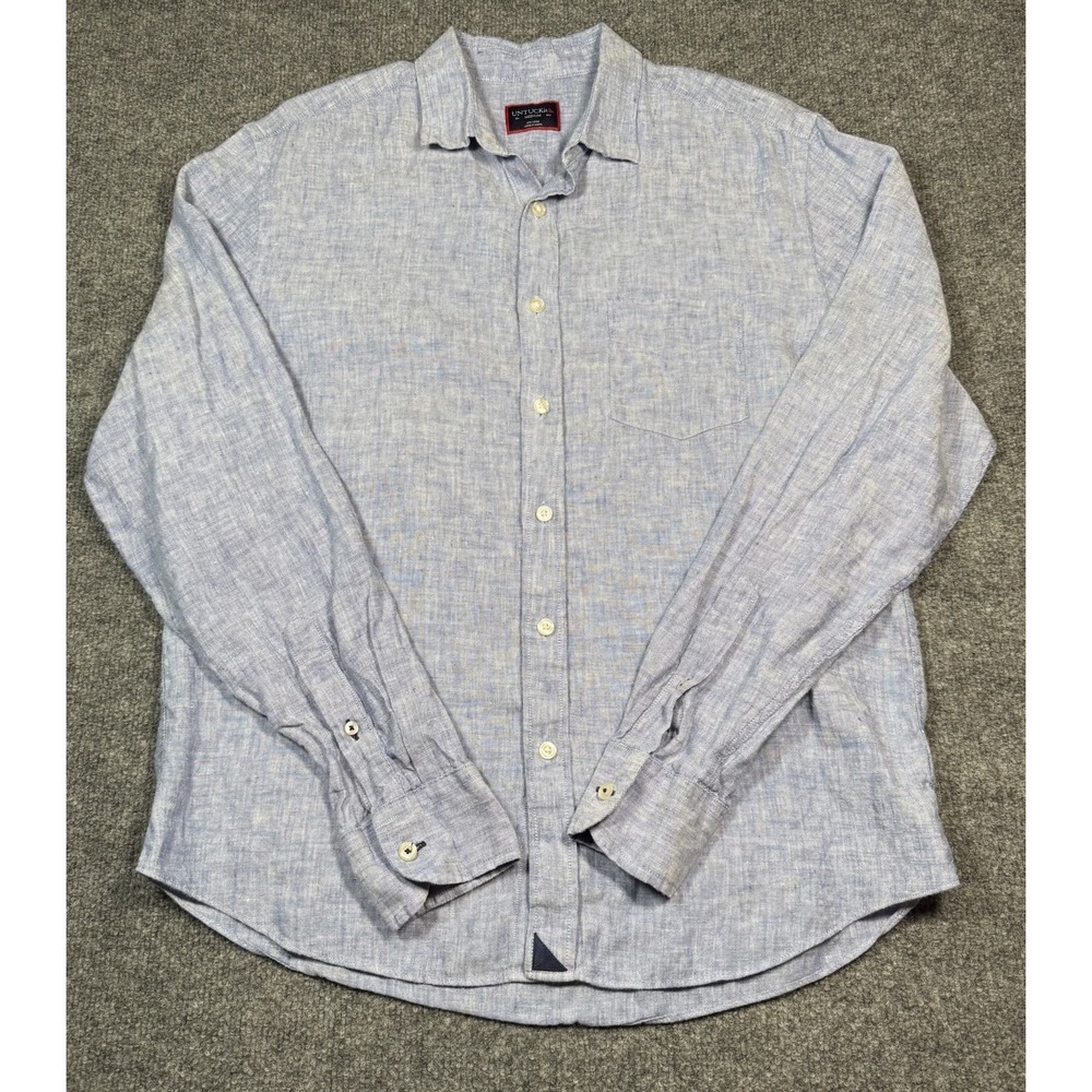 UNTUCKit Shirt Mens Medium Blue 100% Linen Long Sleeve Button Up Travel City